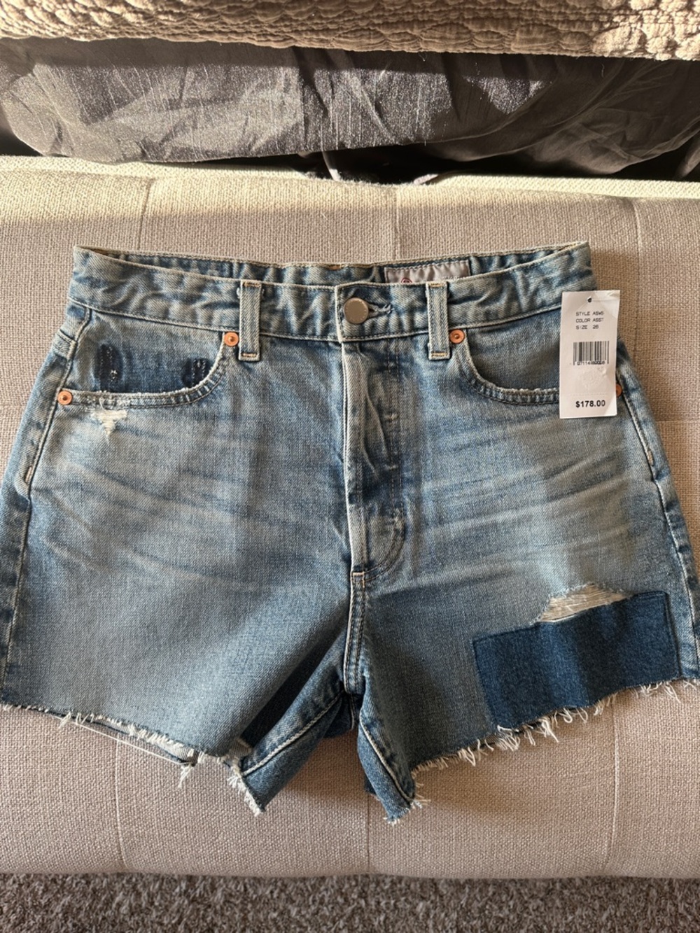 Ag Adriano Goldschmied Light Blue Distressed Denim Shorts with Dark Blue Patch